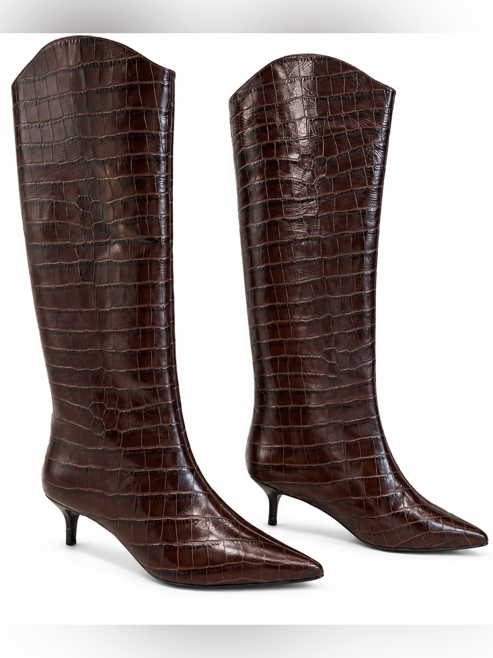 SCHUTZ Maryana Lo Croc Embossed Leather Knee High Boots Dark Chocolate Size 8B